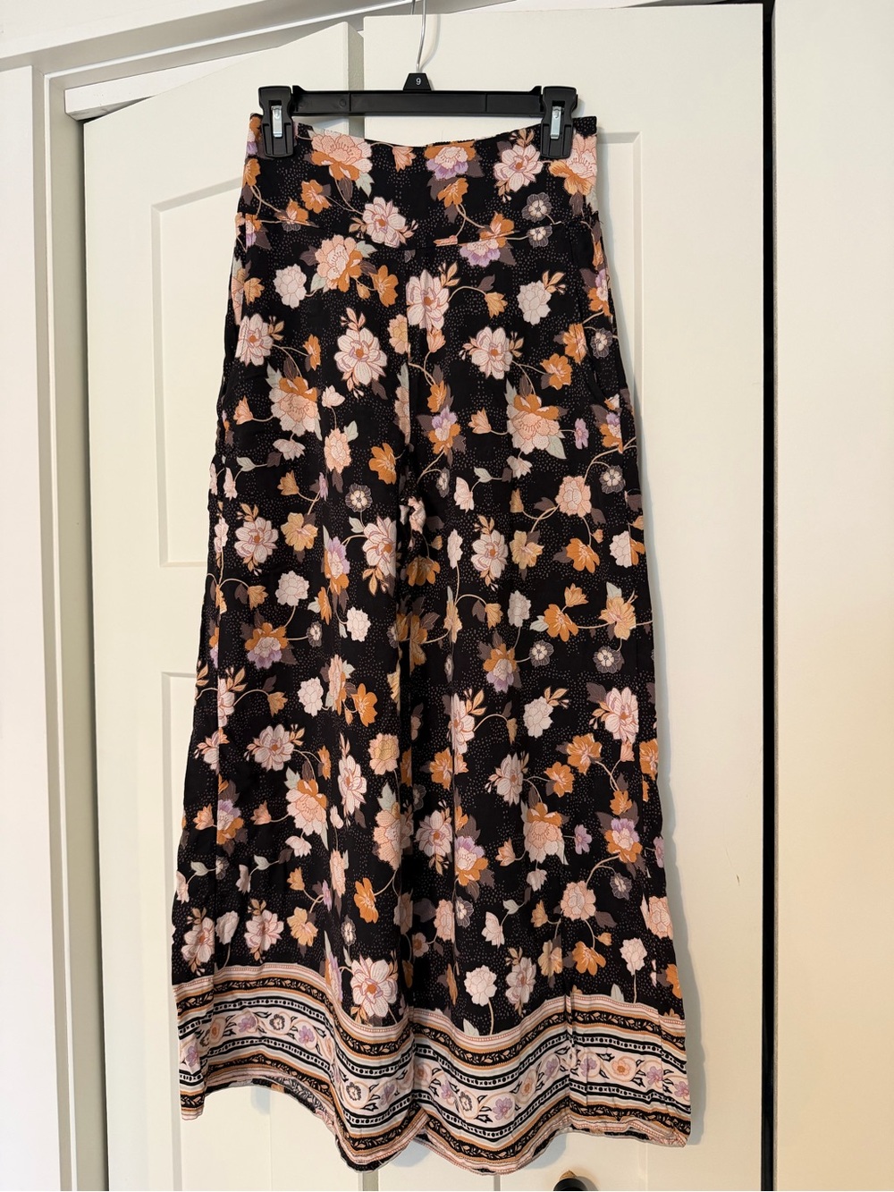 Rip Curl Black Wide Leg Beachy Pants with Peach & Lavender Floral Print